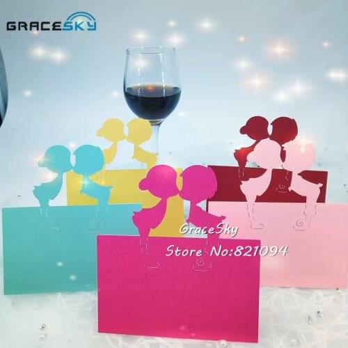 50pcs free Shipping laser Cut Lovely Boy & Girl Wedding Party Invitation Name Cards Place Card Seat Invitation Table holder Card