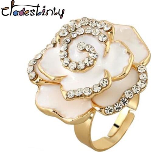 Chadestinty White Enamel Rose Flower Adjustable Ring For Women Gold Color Crystal Wedding Party Finger Open Rings anillos mujer