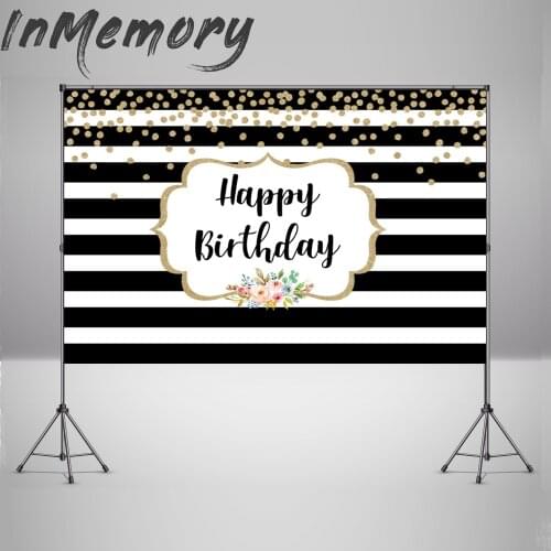 Black and White Stripes Birthday Party Background Phorography Props Kids Bokeh Happy Birthday Photo Shoot Backdrop Studio