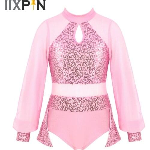 Kids Ballet Leotards Girls Sparkly Sequins Keyhole Tulle Splice Leotard Dress Teens Modern Contemporary Ballroom Dance Dress