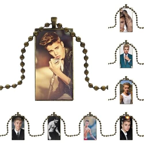 For Women Wedding Gift Handsome Justin Bieber Necklace With Bronze Plated Glass Cabochon Choker Long Pendant Rectangle Necklace