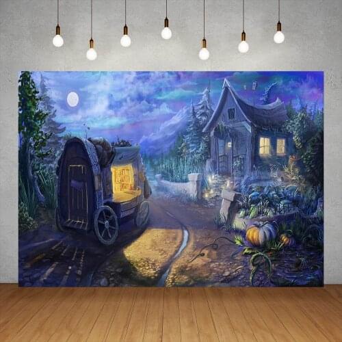 Halloween Backdrop Pumpkin Lantern Wooden Cabin Shopping Wagon Oil Paint Baby Photography Background For Photo Studio Photophone