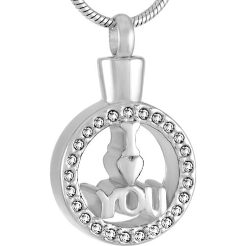 IJD9449 I LOVE YOU Small Heart With Crystal Round Cremation pendant 316L Stainless Steel Keepsake Ashes Urn Memorial Jewelry