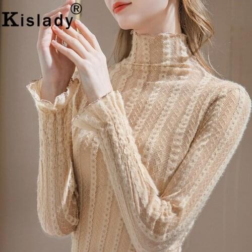Kislady Winter Turtleneck Elegant Women Shirts Harajuku Tops Hollow Out Korean Flare Sleeve Clothes Sexy Lace OL Vintage Shirt