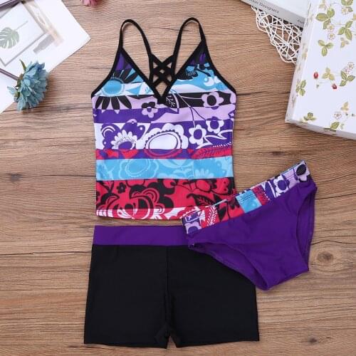 3PCS Kids Girls Beachwear Sets Tankini Floral Printed Swimsuit Swimwear Bathing Suit Set Tops with Bottoms for Teenage Girls