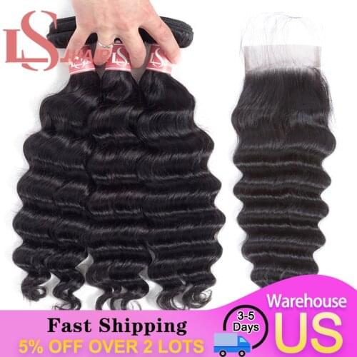LS HAIR Loose Deep Wave Bundles With Closure Human Hair Bundles With Frontal Brazilian Hair Weave Bundles With Closure Remy Hair