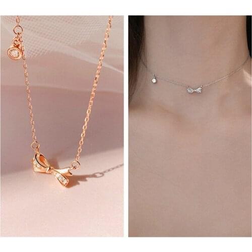Trendy Rose Gold Bow-knot Pendant Necklace For Girl Clavicle Accessories Pure 925 Silver Necklace Lady Choker Accessories Bright