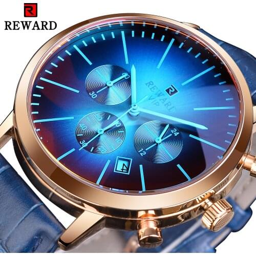 REWARD 2020 Fashion Blue Symphony Glass Design Blue Genuine Leather Belt Mens Quartz Business Sport Wrist Watch Top Brand Luxury