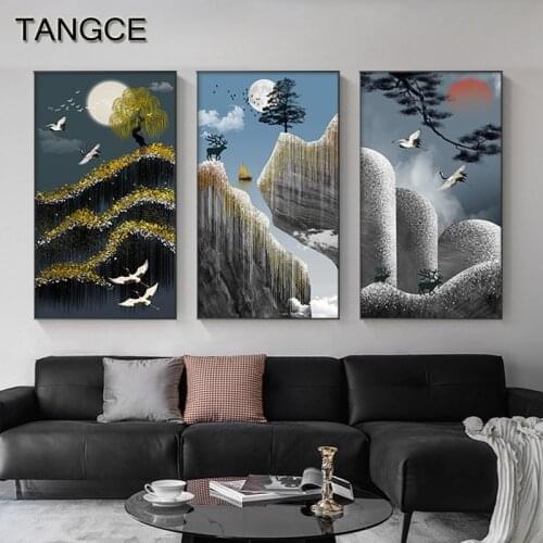 Japanese Style Landscape Mountain Sunrise Crane Deer Canvas Painting Abstract Poster Wall Art Print Wall Picture Home Decoration