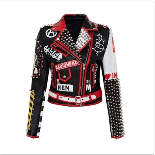 New Fashion Women Clothing Graffiti Rivet Chain Pu Leather Jacket Printing Sticthing Coat Punk Rock Singer Stage Costumes S-3XL