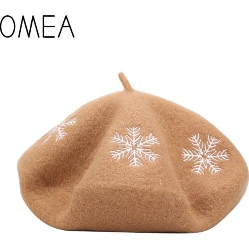 OMEA Real Wool Beret Hat Embroidery Snowflake High Quality Solid Color Women Felt Hats Beret Cap with Snow Pattern Female Berets