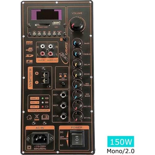 AC 12/110V/220V Digital Bluetooth Mono Stereo 2.0 150W Amplifier Board for 6-18 Inch Speaker with Microphone Guitar Input