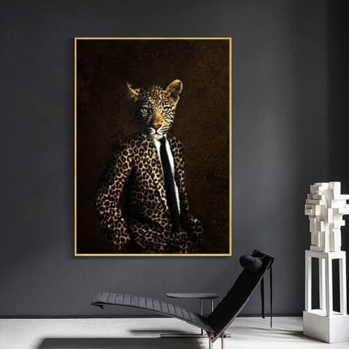 Retro Elephant Lion Head Gentleman Animals Canvas Painting Wall Art Pictures Nordic Posters and Prints for Living Room Decor