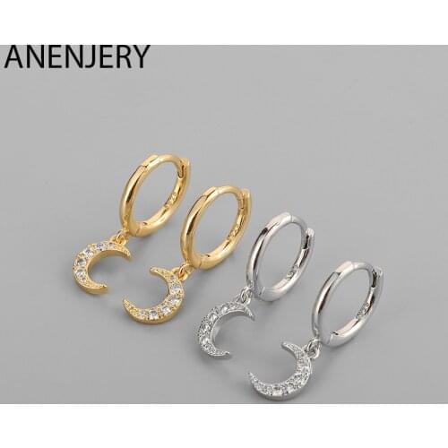 ANENJERY 925 Sterling Silver Crescent Shape Pendant Inlaid zircon Moon Hoop Earrings Fashion Jewelry Gift S-E1446