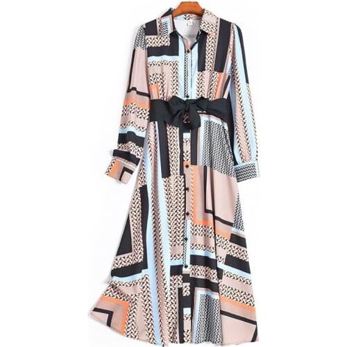 Chiffon Dresses 2020 Autumn New Womens Printed Long Belt Bow Slim Dress Fashion Street Trend Long-sleeved Vestidos Female A891