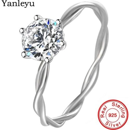Yanleyu 1 Carat Round Zircon CZ Diamond Solitaire Ring Genuine 925 Sterling Silver Twist vine Wedding Band Engagement Ring PR411
