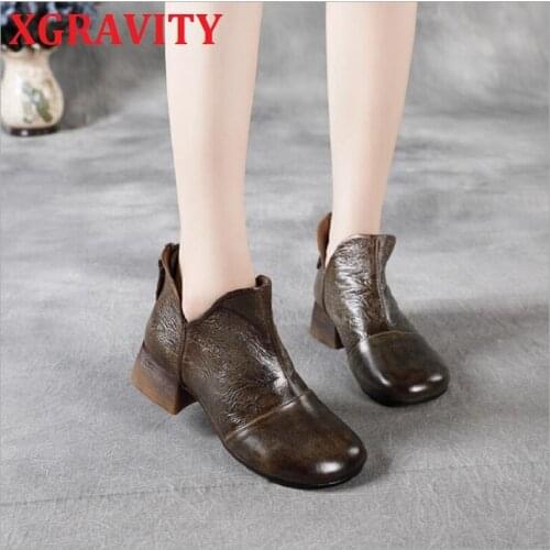 XGRAVITY Autumn Winter New Retro Nakid Ankle Boots Cow Genuine Leather Chunky Short Heel Boots Women Fashion Shoes V Cut Short