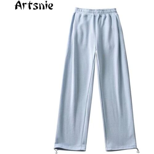 Artsnie Spring 2021 Wide Leg Pants Women Drawstring High Waist Blue Trousers Knitted Casual Loose Ladies Pants Sweatpants Femme