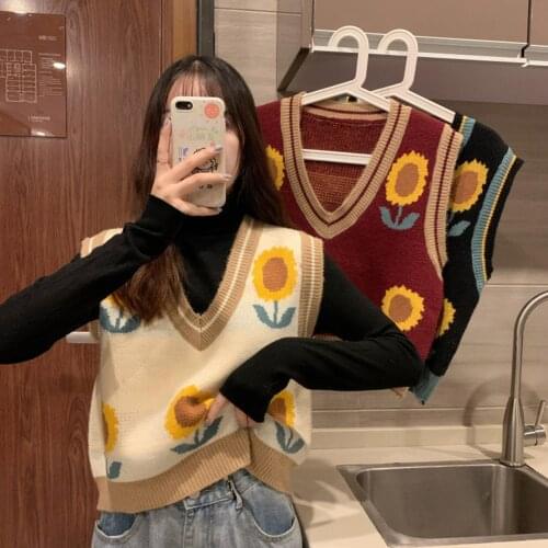 Women Pullover Knitted Vest Sweater Waistcoat Autumn Winter Sunflower Knitted Waistcoat Sweater Women V-neck Sleeveless Vest