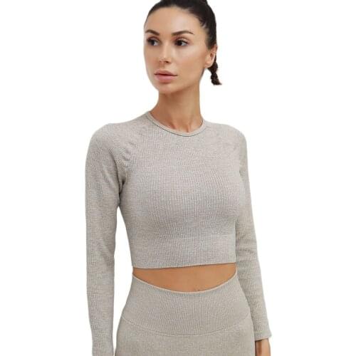 Women Sport Long Sleeves Top Khaki Solid Yoga Shirt Fitness Clothing Sports Wear for Women Breathable Comfortable Yoga Suit