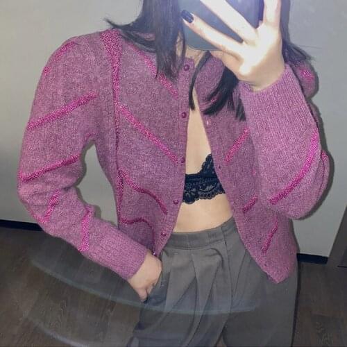 Women Sweater 2020 Spring Mohair Wool Striped Round Neck Sweater Cardigan