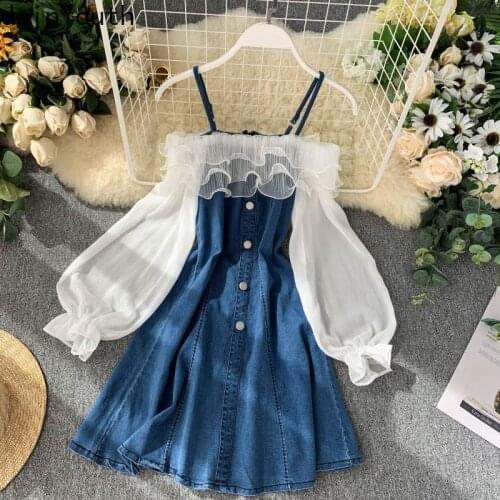 Joinyouth Denim Vestidos Patchwork Ruffles Sweet Fashion Women Dress Korean Chic 2020 Off Shoulder Chic Mesh Dresses New J462