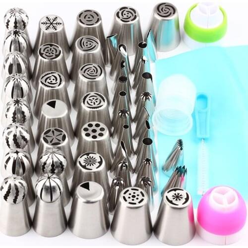 1Pcs Brush 3Pcs Couple 1Pcs Silicon Bagr+47Pcs Ball Icing Nozzles Shaped Piping Stainless Steel Pastry Tip Russian Bakeware Tool