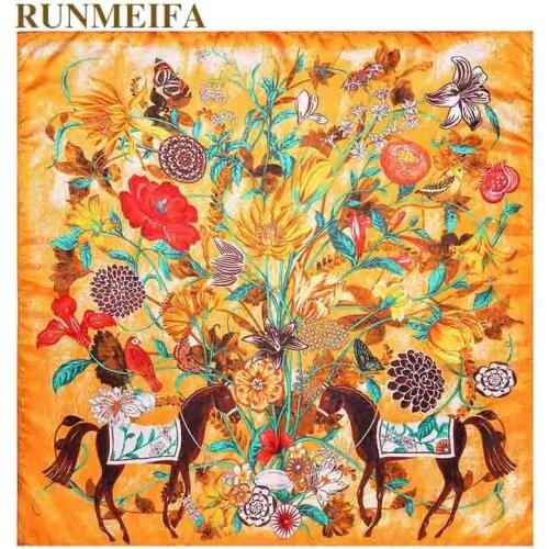 2018 New arrival100% real twill silk square scarf women Fashion luxury horse scarf shawl 130x130cm Big Bufandas for ladies