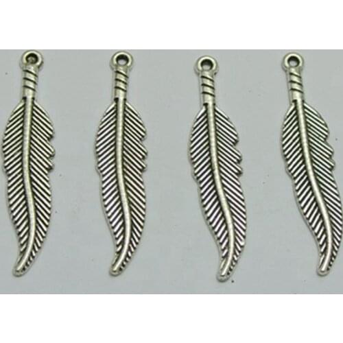 50 Tibet Silver Feather Charm Pendants 36X8mm