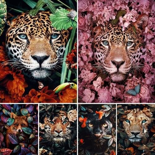 5D DIY Diamond Painting Tiger Lion Face& Flowers Cross Stitch Kit Full Drill Embroidery Mosaic Art Picture of Rhinestones Decor