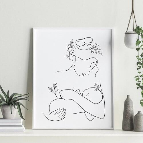 Mother, Baby And Child Line Art Poster Abstract Minimalist Wall Painting Canvas Print Painting Kindergarten Interior Decoration