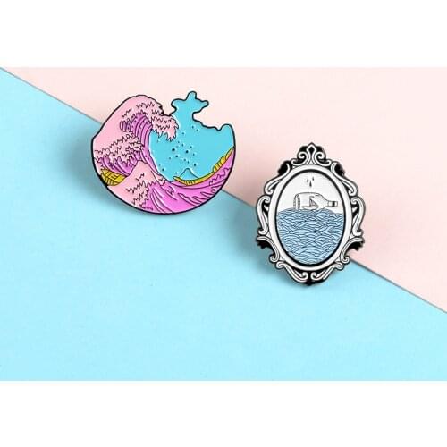 HOSENG 2Pcs/Set Blue Sea Series Waves Drifting Bottle Metal Brooch Elegant Art Woman Man Collar Enamel Jewelry Pin Gift HS_142