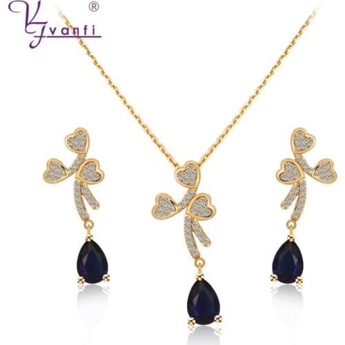 Kfvanfi Blue Crystal Stone Cubic Zirconia Stud Dangle Earrings Heart Necklace Pendant Jewelry Sets For Women Girl Mother