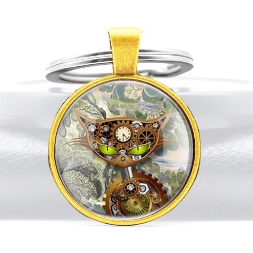 Classic Punk Gear Cat Glass Cabochon Key Chains Unique Men Women Steampunk Pendant Key Rings
