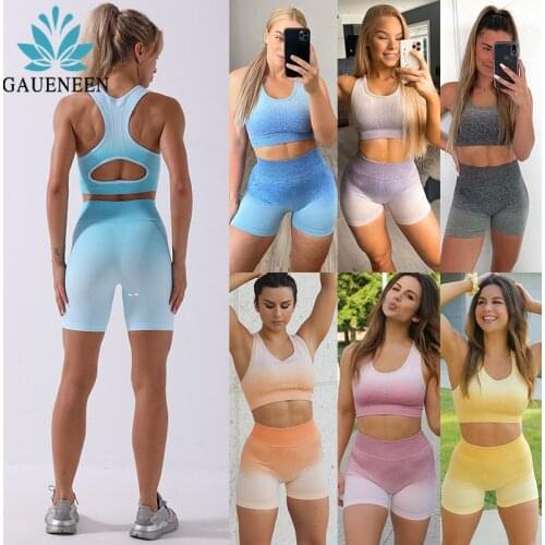 GAUENEEN Women Seamless Yoga Set Ombre Fitness Suit Gym Clothing 2 Pieces Sports Bra High Waist Shorts Sets Gradient Sportswear