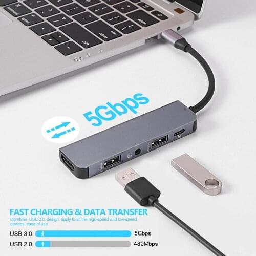 Type C Hub 4K HDMI USB Hub 3.0 5 in 1 With PD Fast Charging Adapter for mac-book Pc Phone Expander Splitter Dock Station Convert