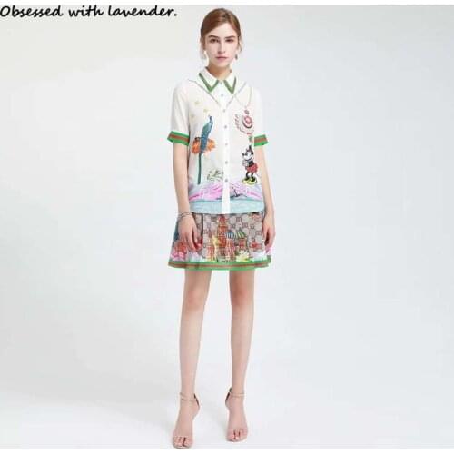 Obsessed with lavenderNew leisure sports suit long-sleeved shirt+skirt printed pattern Spring and summer white green