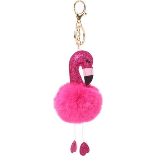 JINGLANG Gold Color Lobster Clasp Metal Keyring Dangle Fur Glitter Flamingo Animal Charms Keychains For Women Handbag Jewelry
