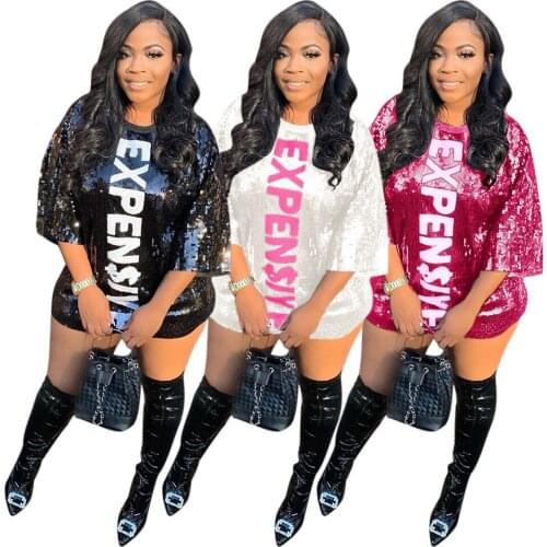 Echoine Luxurious Shine Sequin Letter print Mini Dress Women Short Sleeve Casual Sexy Party Nigh Club Outfits Vintage Vestidos
