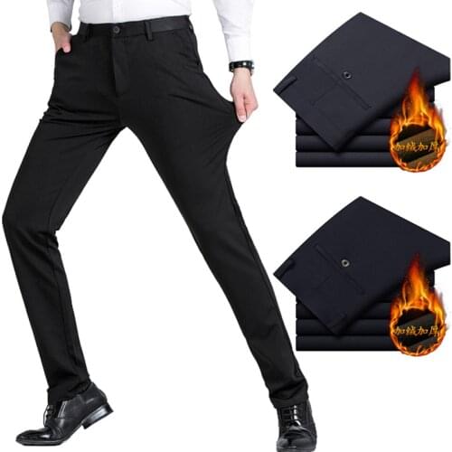 2020 Warm Fleece Winter Pants Men Thicken Smart Casual Long Trousers Brand Clothing Black Grey Blue Pants for Male