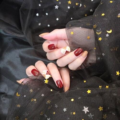 24Pcs False Nails with Glue Wine Red Grid Fake Nails Square Round Hit Color Nail Art Decoration Full Cover Nail Art Tools