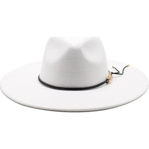 New Fashion Belt Fedoras For Women Spring Men Wool Jazz Hat Wide Brim white Hats Gentleman Elegant Chapeau Femme
