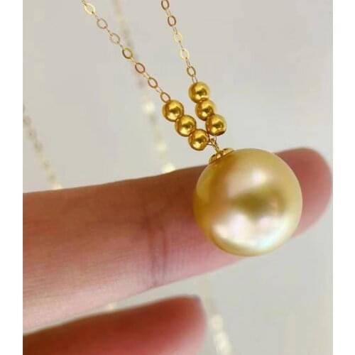 HENGSHENG Solid 18K Gold Necklace 11-12mm Round Natural-Ocean Golden Pearls Fine Jewelry Pendants For Women