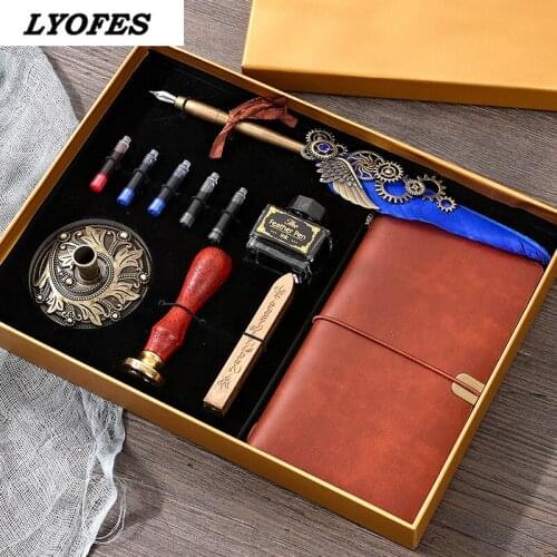 Feather Pen Retro Calligraphy Pen Set with Ink Bag Ink Extraction Tube Pen Feather Notebook Fire Paint Seal Stationery Gift Box