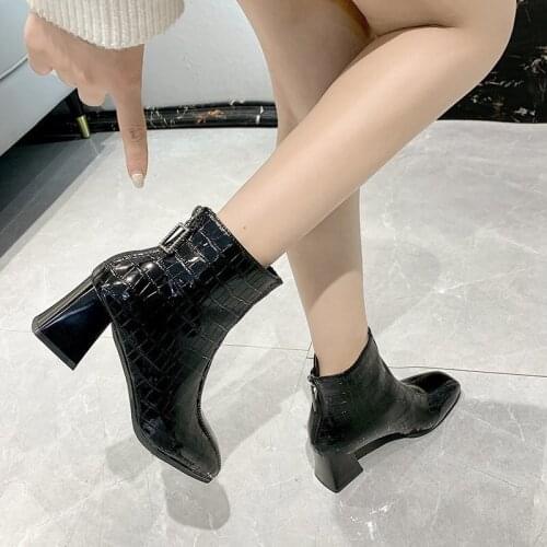 Sexy Women Boots Autumn Winter Shoes Warm High Heels Ankle Boots Patent Leather Booties Woman Square Toe Wedding Party Shoes