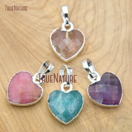 10Pcs Rhodonite, Pure Amazonite, Amethysts, Stawberry Quartz Pendant Silver Faceted Heart Shaped Pendant Outlet 14x11mm PM15640