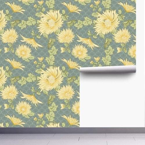 Home Elegant Yellow Daisy Waves Self-Adhesive Prepasted Wallpaper Peel and Stick Handpainting Wall Mural Furniture Stickers