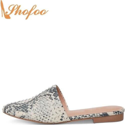 Snake Skin Embossed Women Mules Outside Slippers Shoes Low Chunky Heels Rivet Big Size 13 16 Lady Fashion Loafers Mature Shofoo