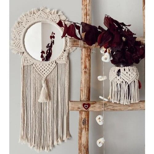 Nordic Hand-woven Glass Makeup Mirror Tapestry Bedroom Homestay Dressing Mirror Living Room Hanging Mirror Home Decor