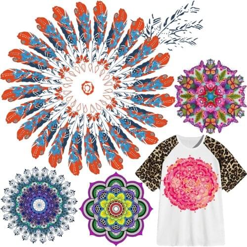 Feather Mandala Flower Patches Thermal Stickers on Clothes Iron-on Transfers for Clothing Thermoadhesive Patch Diy Art Applique
